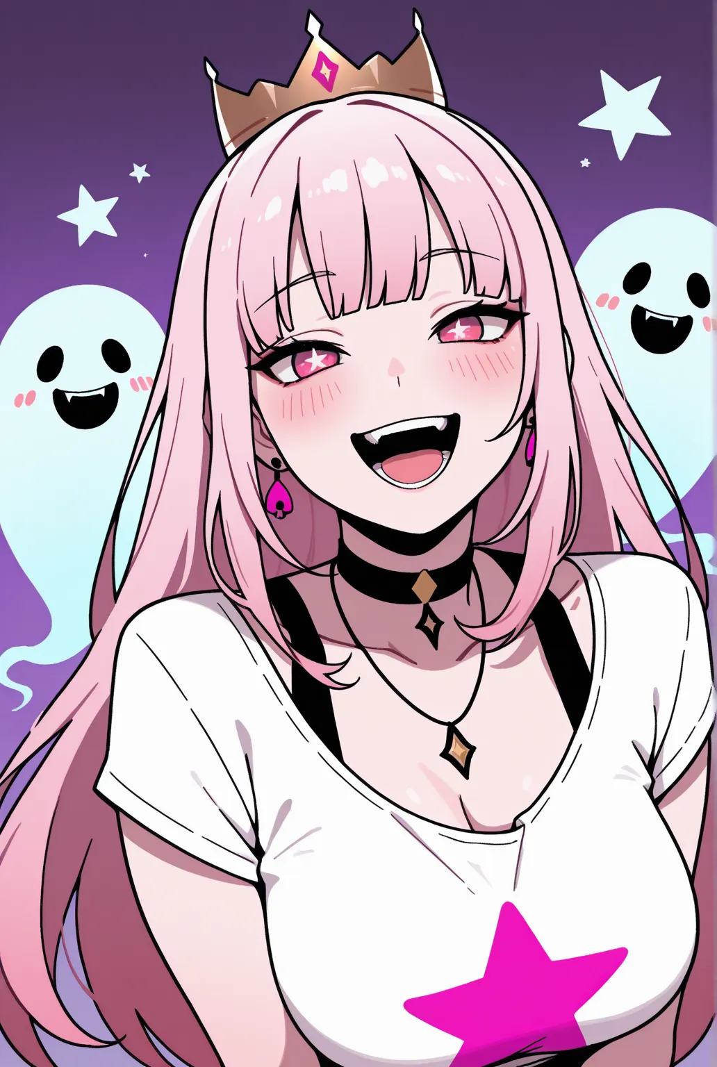 masterpiece, best quality, amazing quality, very aesthetic, 1girl, jewelry, pink_hair, long_hair, earrings, shirt, star_(symbol), virtual_youtuber, crown, smile, white_shirt, bangs, open_mouth, pink_eyes, necklace, looking_at_viewer, solo, breasts, ghost, ...