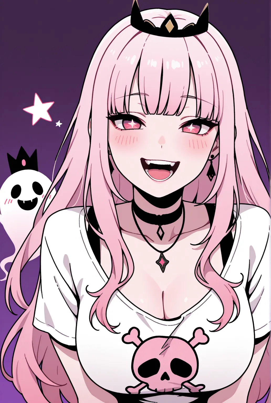 masterpiece, best quality, amazing quality, very aesthetic, 1girl, jewelry, pink_hair, long_hair, earrings, shirt, star_(symbol), virtual_youtuber, crown, smile, white_shirt, bangs, open_mouth, pink_eyes, necklace, looking_at_viewer, solo, breasts, ghost, ...