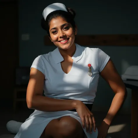 photo of a Sri Lankan 25 years old nurse, Sri Lankan woman face, wearing nurse cap, nurse uniform, white above knee skirt, white socks, white nurse slip-on shoes, classic bun short hair, black strip in waist, big chest, cinematic lighting, seduce face, cow...