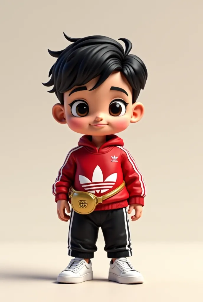 Chibi with red and white striped adida sweater and a black adida sweater and a white sneaker with a gold guci waist bag