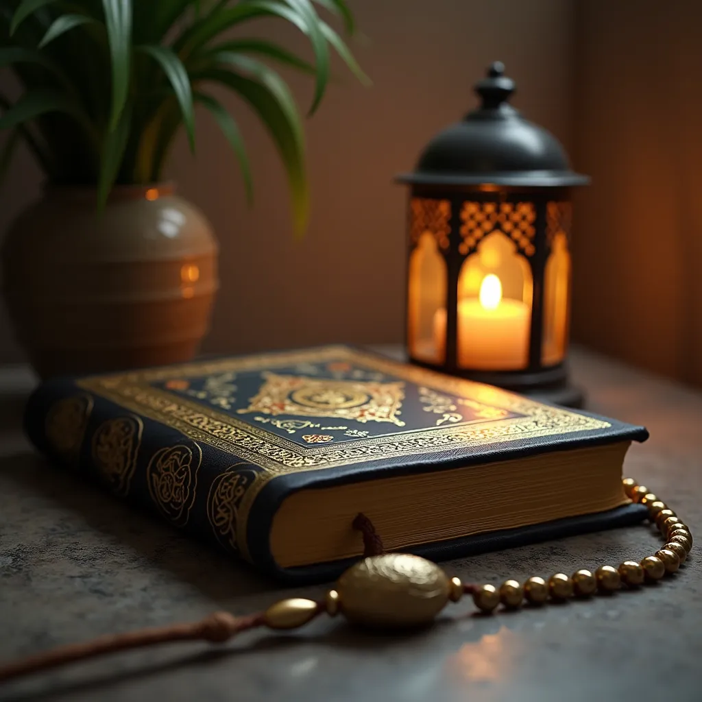 A beautifully decorated Quran with a prayer bead (tasbih) and a glowing lantern beside it. Capture the intricate details of the Quran's cover and the textures of the beads