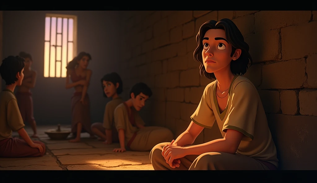     .  Joseph inside the Egyptian prison,  sitting in a dark corner , but with a look of hope, while other prisoners seem discouraged around.  Disney pixar