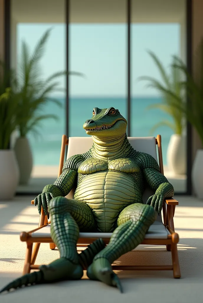 An image of an anthro morphic male crocodile relaxing on a beach chair front view full shot. In the background there are glass walls. 