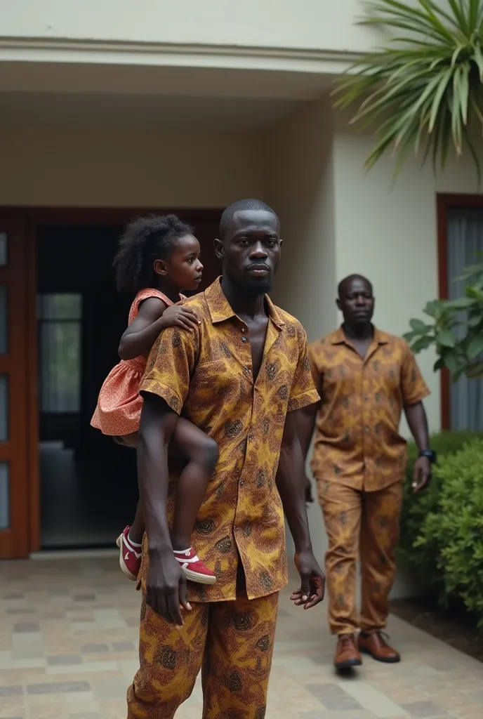 Short dark skinned african man, low shaved beard and low hair cut, dressed in african print shirt and trousers, carrying a a  girl, walking out of a modern cameroonian home. A little distance behind him are two s s and s following him out the door