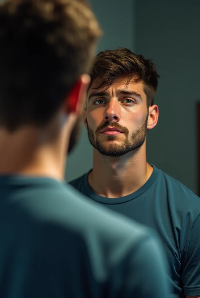 A very clear ultra HD dynamic image of The young man is now standing in front of the mirror, looking at himself. There is fear in his eyes, but slowly a change begins to come on his face – fear is replaced by determination.