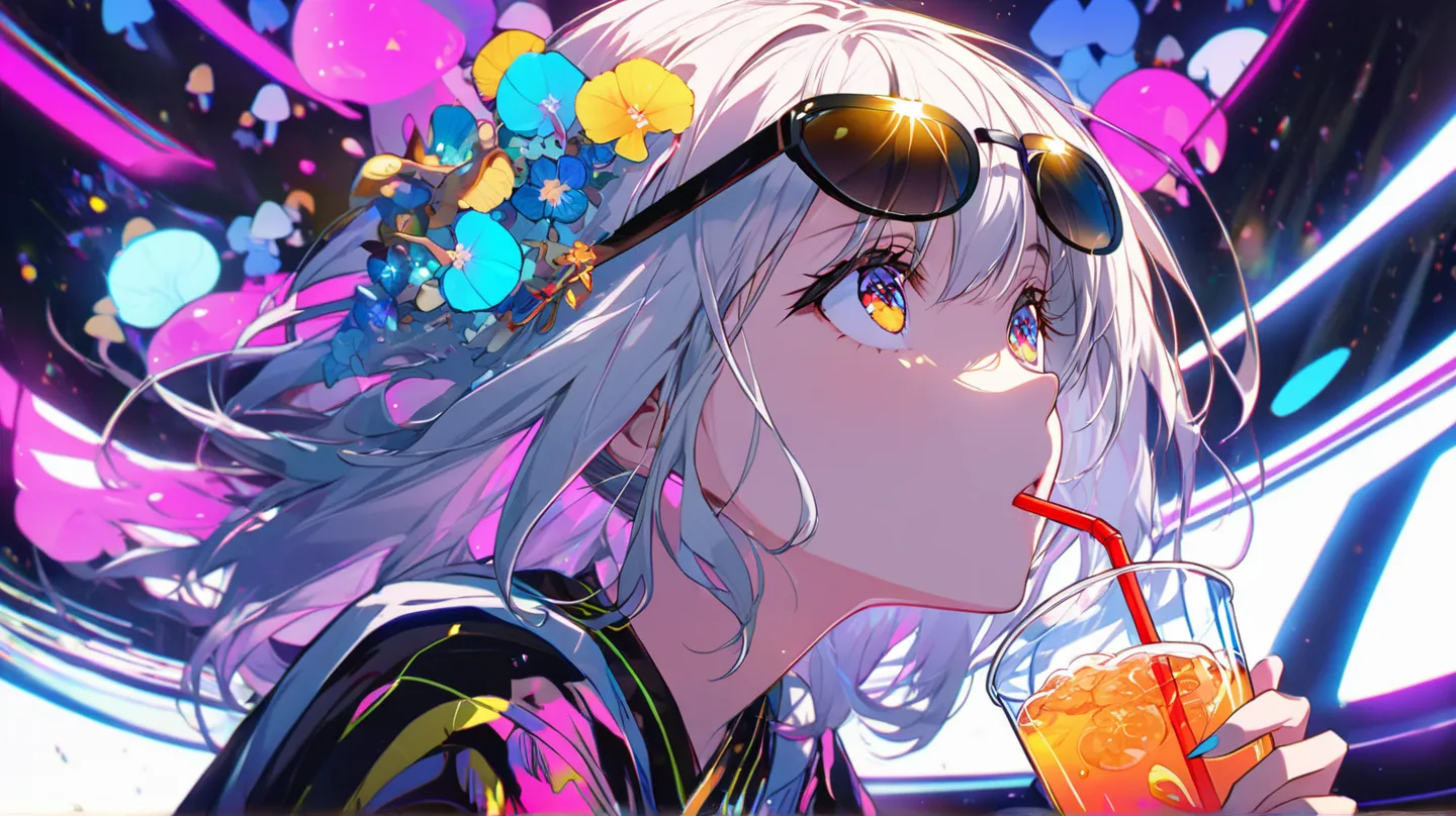  touch of Eguchi Hisashi. A cool and cute anime style illustration of a woman looking forward and looking up. drinking a kombucha through a straw He has beautiful eyes and thin sunglasses. Her hair is black and decorated with mushrooms and zetas, the woman...