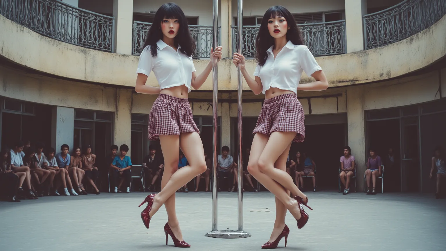 Two Asian primary school girls with cute young faces are on a stage in court yard of school.  Pole dancing wearing school uniforms and high heels.  uniforms consist of micro mini skirts and crop tops.  flat chested. Cleavage visible but no nipples visible....