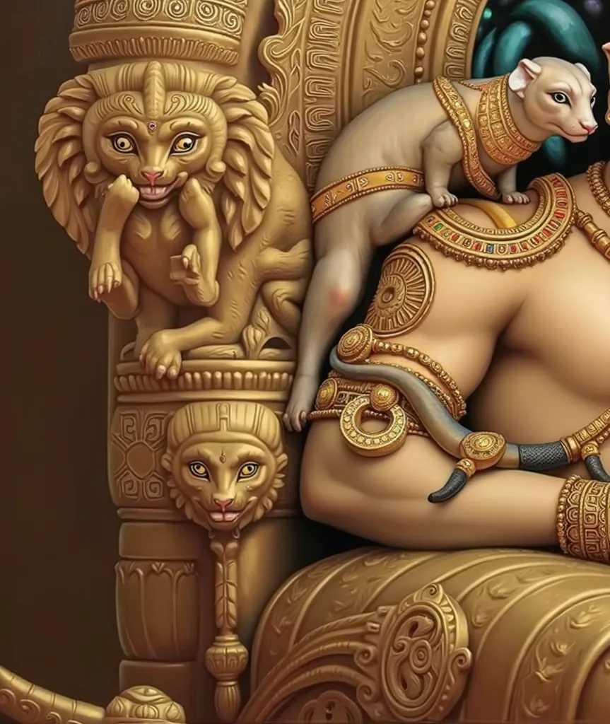 A magnificent close-up of Lord Kubera, the god of wealth, seated upon his ornate golden throne, bathed in a warm celestial glow. His broad, muscular arm, adorned with intricate gold armbands and gemstone-studded jewelry, rests elegantly. A regal mongoose, ...