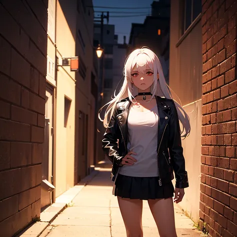 Sad and upset in an alley in the middle of the night, A sharp-eyed assassin with long white hair and red eyes wearing a black leather jacket and leather skirt over a white t-shirt and wearing a choker