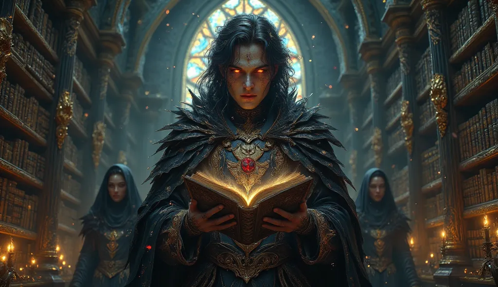 Create me a vampire in centuries-old clothes with a cape inside the vaulted in a room full of books where he is seen with a black book with arcane symbols in his hands next to a nun 