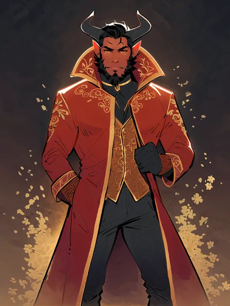 Red tiefling, dark red skin, black hair, semi-long black hair, short black stylish beard, beard, male, balck horns, solo, facing viewer, blank background, fashion, fantasy fashion, slender build, red cloak, maroon, gold embroidery, coat tails dipped in gol...