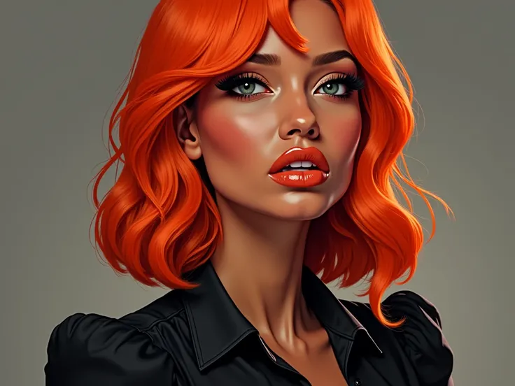 A digital illustration in a semi-realistic style with a modern, highly detailed aesthetic. The image showcases a striking woman with medium-toned skin and vibrant neon-orange shoulder-length hair, styled sleek and smooth. Her makeup, fine black eyeliner th...