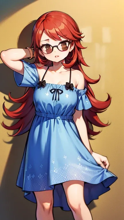 "A 38-year-old woman, sexy , A woman with long red hair with soft waves, posing confidently while wearing a long, flowing dress with blue and white print.  The dress has a slit in the leg , revealing a detailed tattoo on her lower leg. She wears sunglasses...