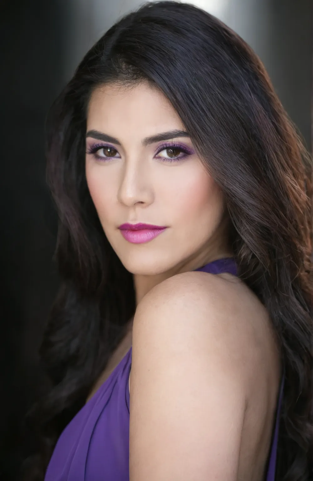 a close up of a woman with long hair wearing a purple dress, beautiful Mexican woman