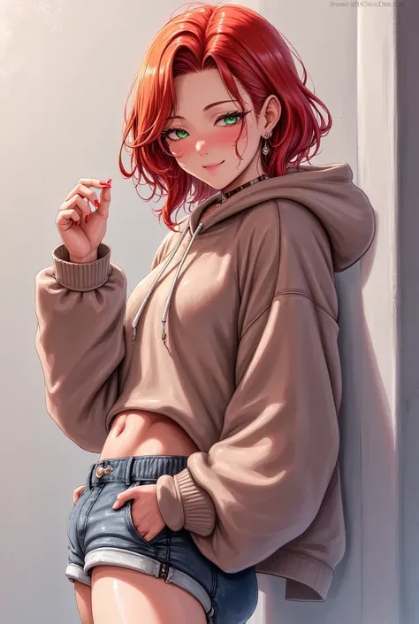 Femboy with red hair and green eyes in hoodies and shorts