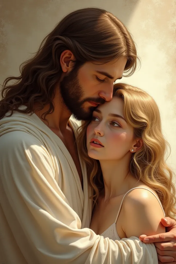 Jesus embracing a blonde woman with wavy hair . brown eyes. On the background screen written Luzinete 