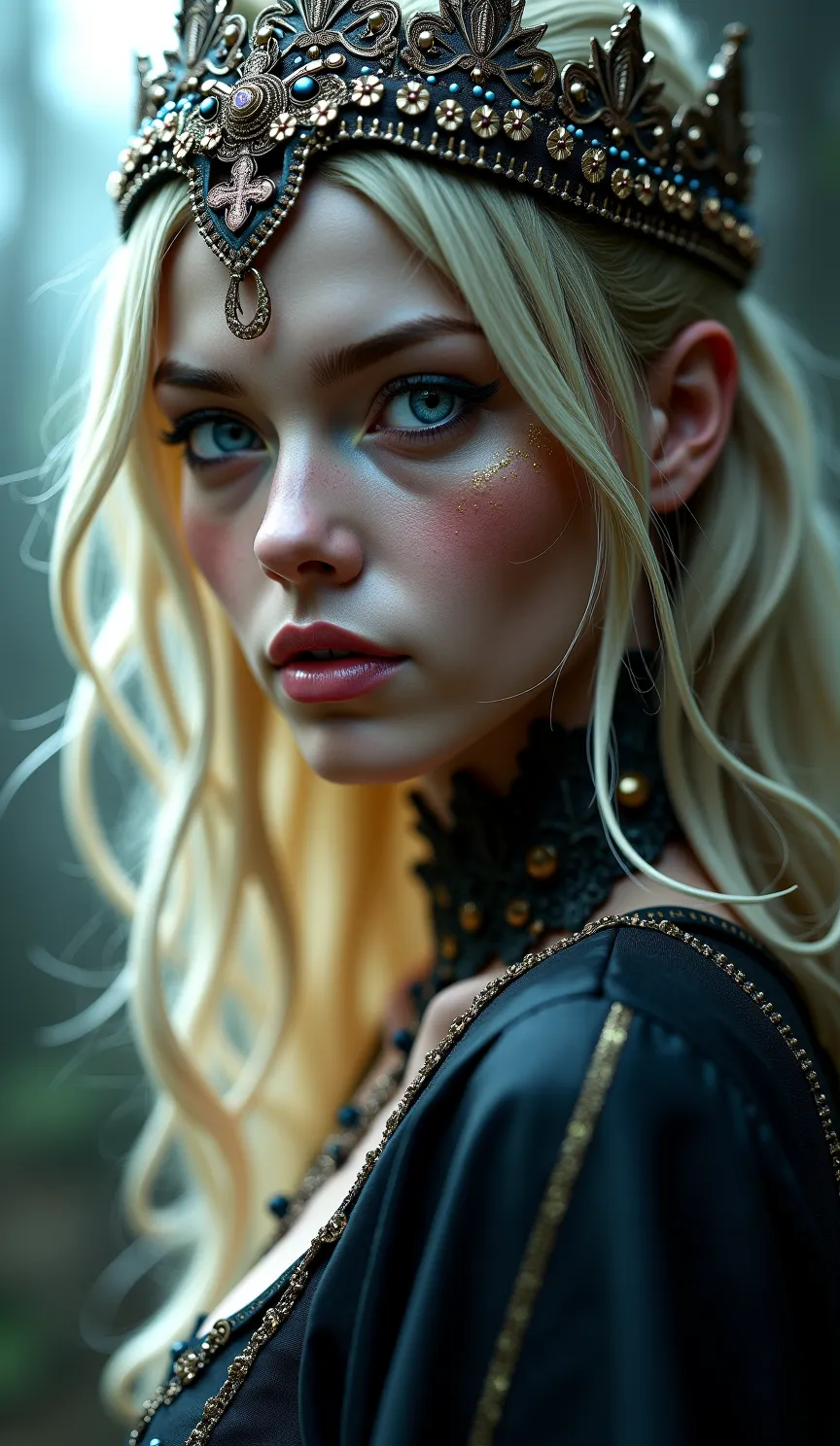 1girl, Looking at viewer, Blue eyes, Blonde Hair, Jewelry, Depth Of Field, Masterpiece, Accurate, Anatomically Correct, Best Quality, High Resolution, Award Winning, Best Quality, UHD, Super Detailed, Textured Skin, HD, Evil, Crown, Depth Of Field, Cinemat...