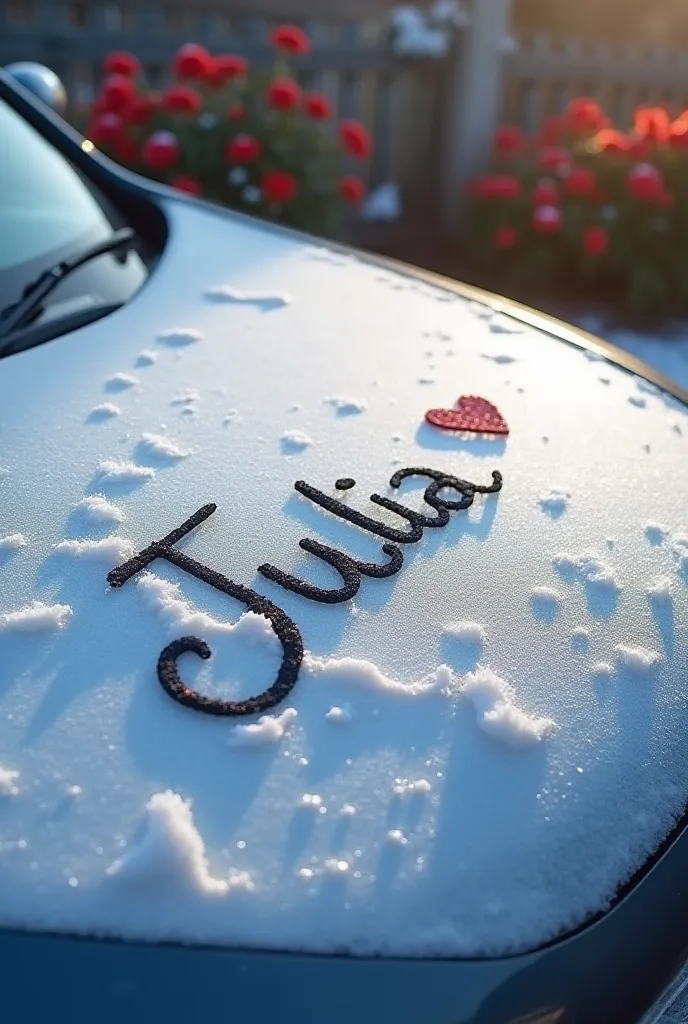 Create a picture of a car with a thin layer of snow or snow on the roof. A name written on the icy surface, like “Lia” or “Julia”. A heart drawn next to the name. Soft natural lighting, starting a cold morning. High-quality shadows cast across the top of t...