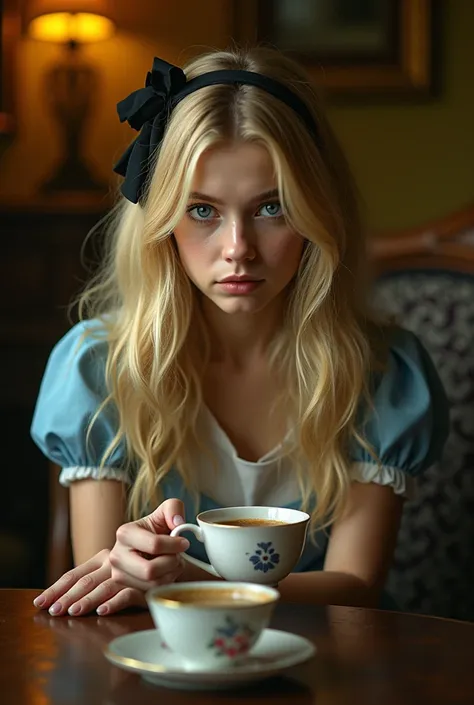 a blonde girl, dressed as Alice from Wonderland, curious and dark blue eyes, sitting at a table facing the camera and drinking tea, color palette in yellow, serious and intense expression,  intricate details, realistic portrait, cinematic lighting, high co...