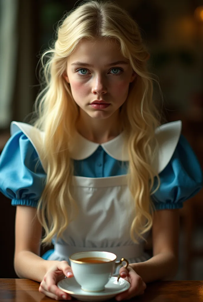 a blonde girl, dressed as Alice from Wonderland, curious and dark blue eyes, sitting at a table facing the camera and drinking tea, color palette in yellow, serious and intense expression,  intricate details, realistic portrait, cinematic lighting, high co...