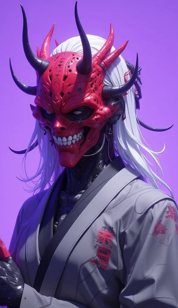 3D ZBrush render, highly detailed high-contrast portrait of a Japanese Oni ghost, adorned in a flowing gray-white robe, wearing a vibrant red Oni mask with intricate carvings. The character features long, flowing white hair and a cyberpunk futuristic aesth...