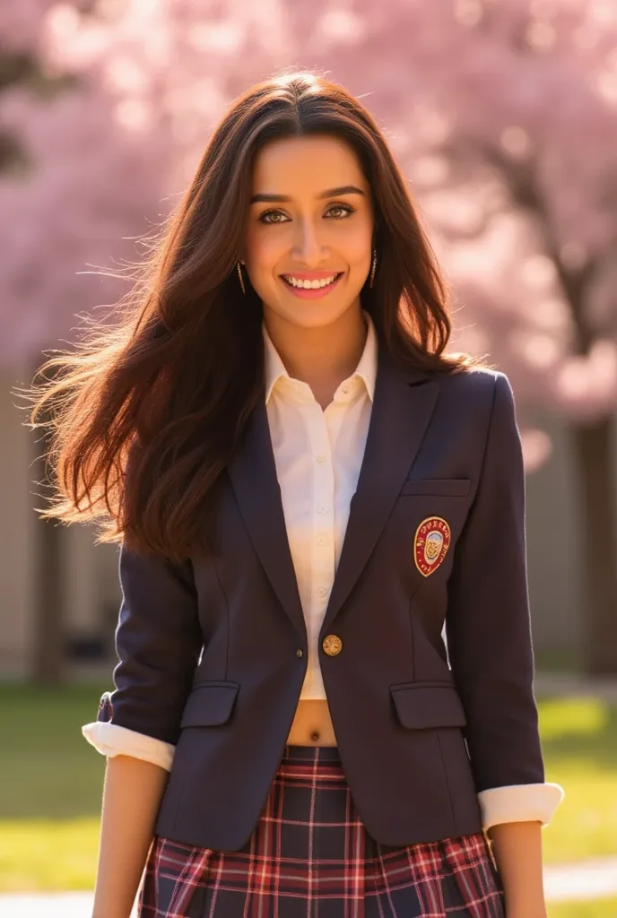 A charming portrait of shraddha Kapoor wearing a stylish Japanese high school uniform complete with a pleated skirt and a fitted blazer. She is standing in a sunlit schoolyard, with cherry blossom trees in full bloom in the background. Shraddha has her lon...