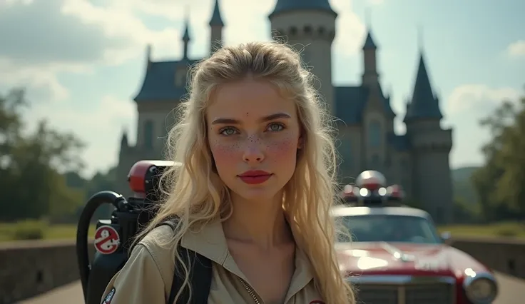 a beautiful ,  young european woman, blonde ,  wavy hair , with bright red mouth, with freckled face, Ghostbusters costume in front of a castle, behind his back is a car of ghostbusters.