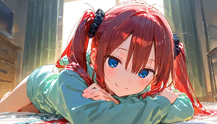 masterpiece , best quality, 1girl, medium length and tied into twin pigtails on both sides, round eyes, black scrunchie, bangs,hair between eyes, red hair, blue eyes eyes, mole under left eye, 16-year-old, hoodie, looking at viewer, smiling, in the room, h...