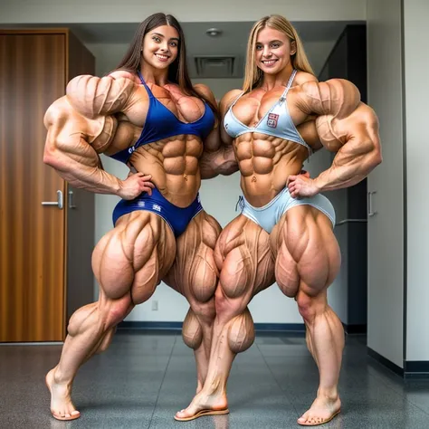 She hulk, Two beautiful model blonde german girls, beautiful face, Hyper dressed shirt and shorts, , two BEAUTIFUL GIRL, VERY Yxxxxx GIRL, SMALL forearms, RELAXED BIG MUSCLES , (MUSCULAR GIRL:1.6), (MUSCLE TEXUTURE:1.2), LARGE UPPER BODY, LARGE SHOULDER, H...