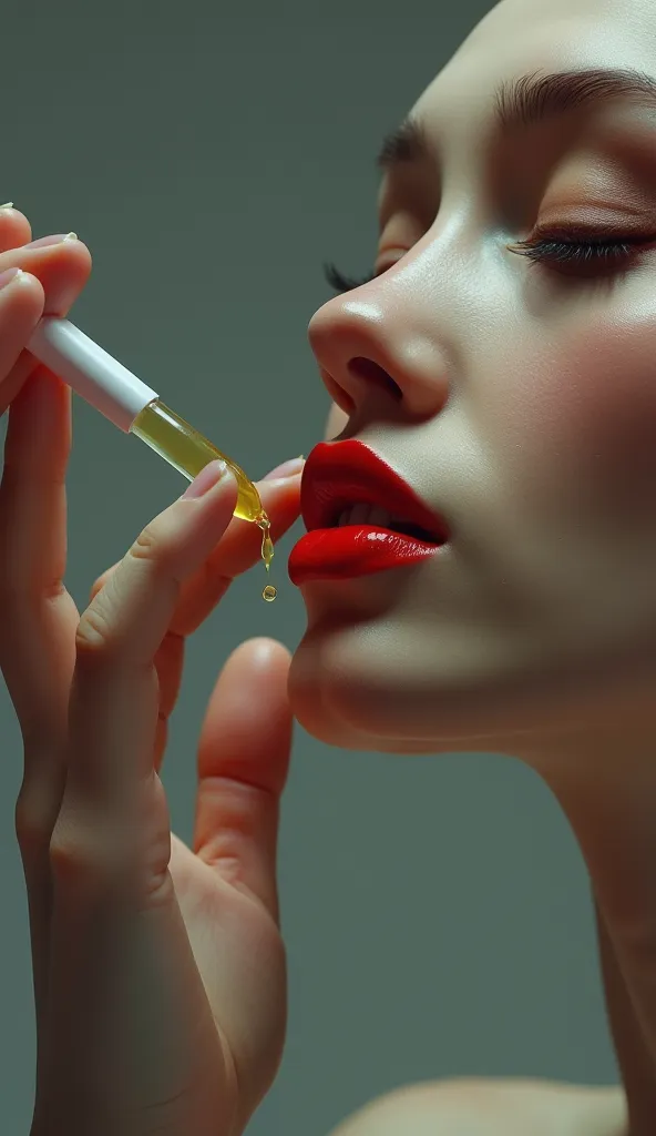 a female hand holding a pipette that drips a drop of yellow liquid into a female mouth with very red lipstick 