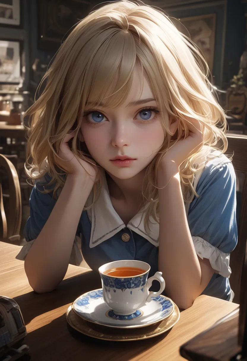 a blonde girl, dressed as Alice from Wonderland, curious and dark blue eyes, sitting at a table facing the camera and drinking tea, color palette in yellow, serious and intense expression, intricate details, realistic portrait, cinematic lighting, high con...