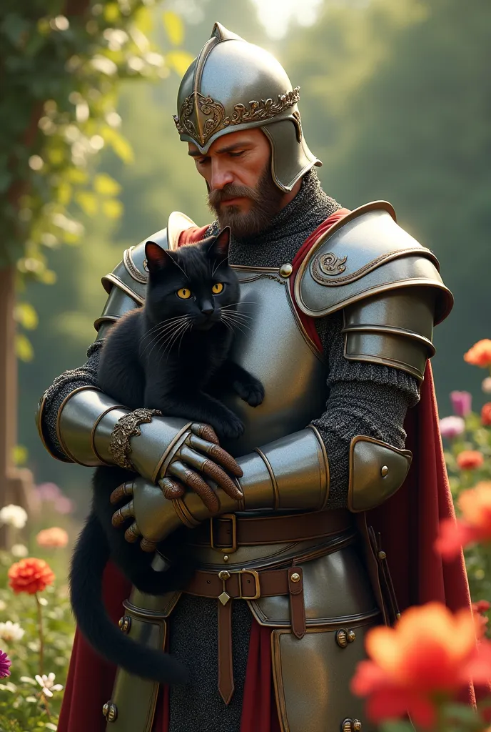 A medieval knight in full costume and nice helmet, in a beautiful flower garden embracing a black cat in an affectionate way