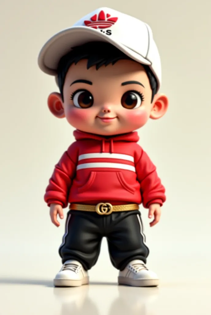 Chibi with red adida sweater with white stripes and a black adida sweater and a white sneaker with a gold guci waist belt and with a Gucci hat