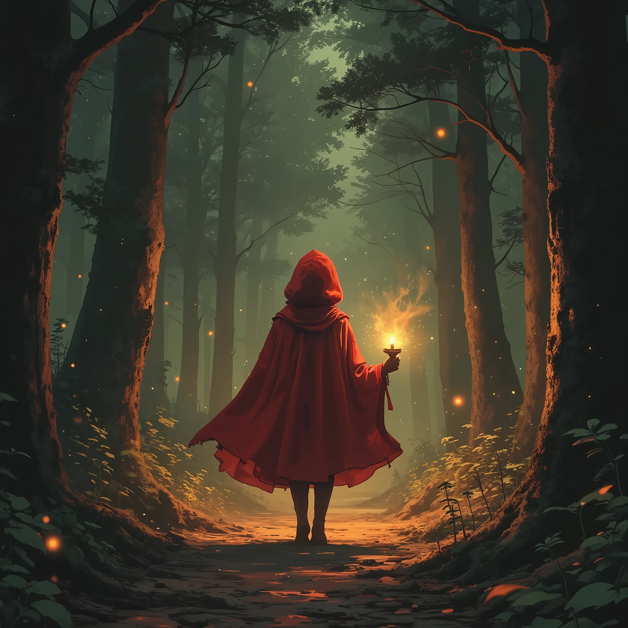  In the heart of an enchanted forest , a little  Red Riding Hood advances steadily. His red cloak shines with an ethereal glow, illuminating the mist around her with a warm and enveloping glow. He holds a floating candle in his hands, whose flames give off...