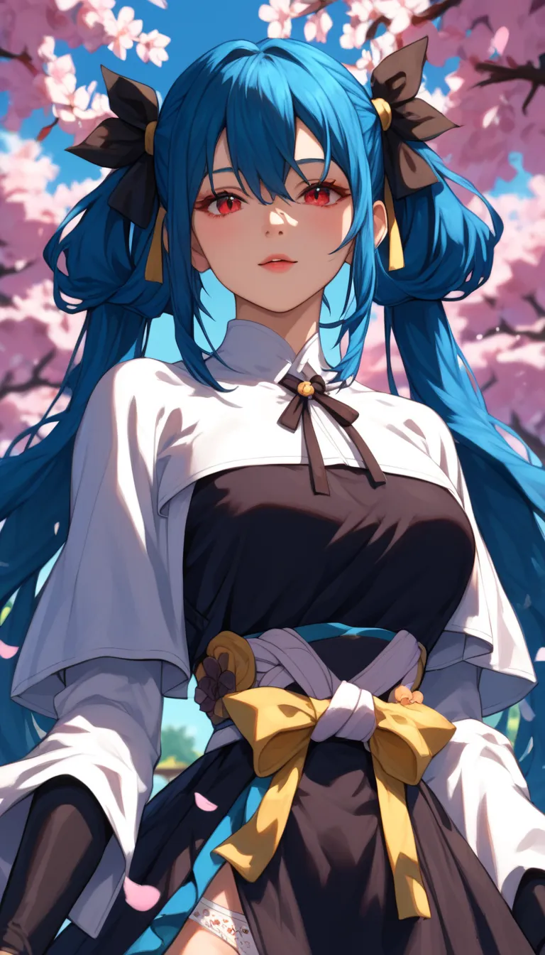 red eyes, blue hair, long hair, hair ring, twintails, bangs, sidelocks, hair between eyes, ribbon, yellow ribbon, hair ribbon, long black dress, front slit dress, high-collared white top, capelet, white capelet, white wide sleeves, black ribbon in the coll...