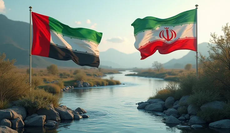 Make uae flag and iran flag with wave of river 