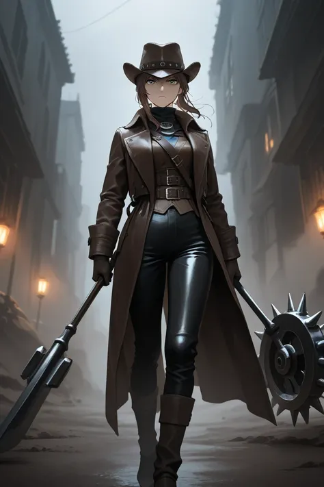 yuichan, stylish woman, leather coat, long coat, leather pants, hunter hat, hunter garb, hunter gloves, hunter trousers, holding a spiked wheel, Serious expression