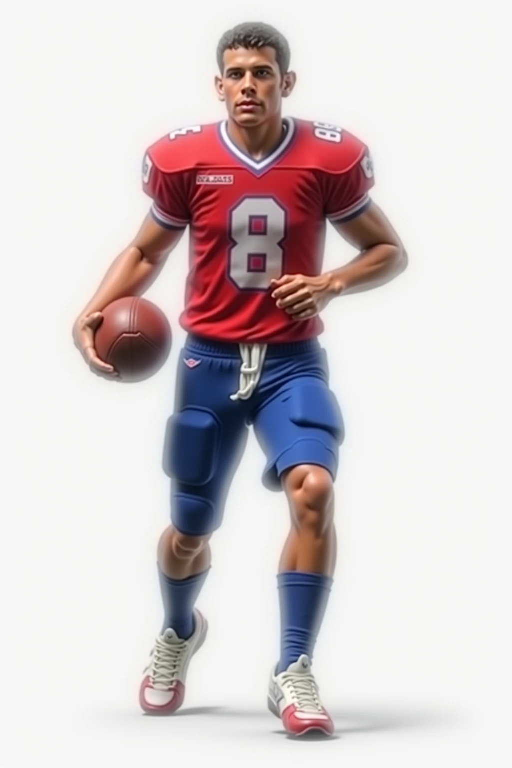 Generate a realistic image of a boy of about 25 years old who plays football in an American high school. He must wear a football uniform with a visible number,The 8 is red,Blue and white, but without a helmet. The image must show the boy in full length,  f...