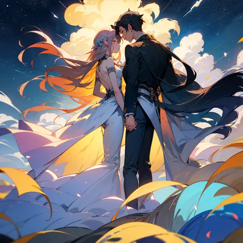 ((Highest quality)), ((masterpiece)), ( exhaustive),  beautiful starry sky、The back silhouette of a man and woman in love holding hands is displayed in a very small, completely dark place in the center of the screen、Beautiful colorful flowers are blooming、...