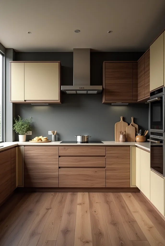 Kitchen. Modern. Floor Is dark oak. Kitchen surface iis cream. Bottom cupboards Are dark oak Wooden. Upper cupboards are cream. Wall Is darker grey