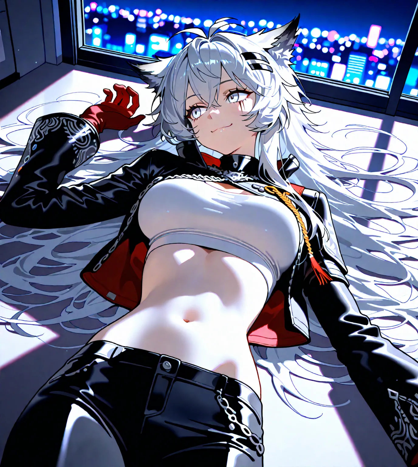 {{super detail, best quality, anatomically correct, textured skin, high quality, high details, highres, masterpiece, best quality}}, masterpiece, best quality, solo, 1girl, lappland the decadenza \(arknights\), 1girl, wolf girl, white hair, long hair,very ...