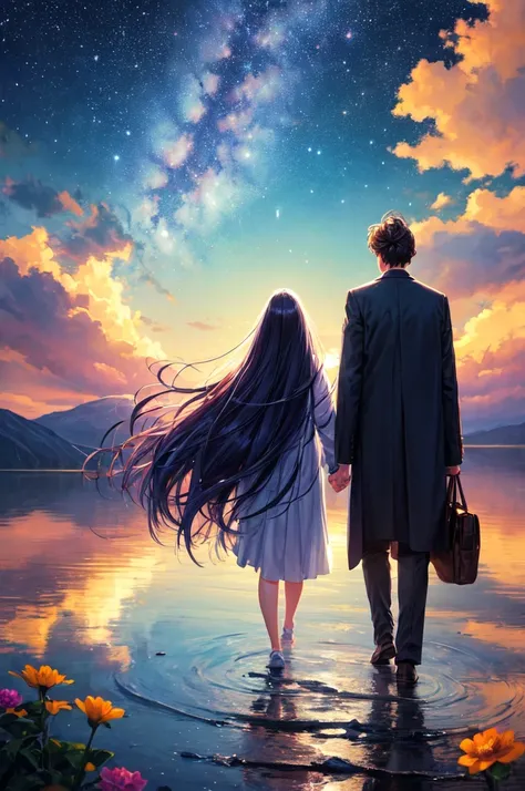 ((Highest quality)), ((masterpiece)), ( exhaustive),  beautiful starry sky、The back silhouette of a man and woman in love holding hands is displayed in a very small, completely dark place in the center of the screen、Beautiful colorful flowers are blooming、...