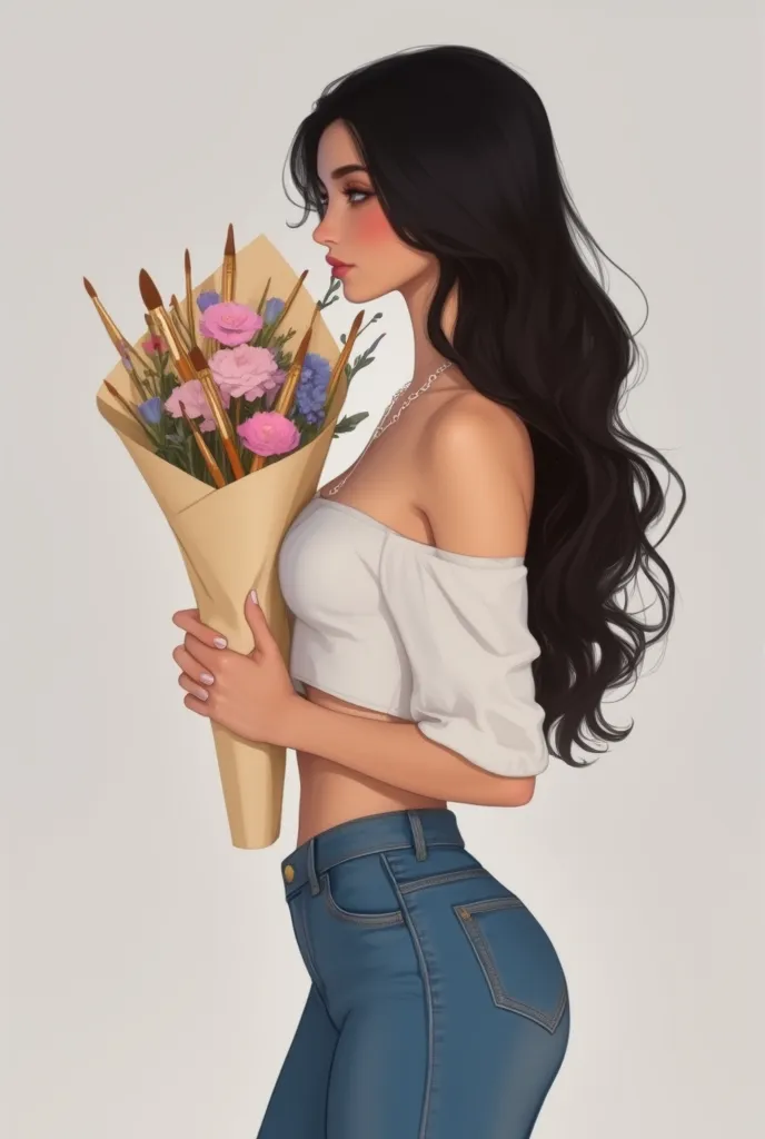 Disney-style illustration with clean contours. A girl stands sideways, waist-up, her face fully hidden by long, wavy black hair without bangs, reaching her elbows. She has Ukrainian features, an elegant silhouette. She holds a lush bouquet wrapped in cream...