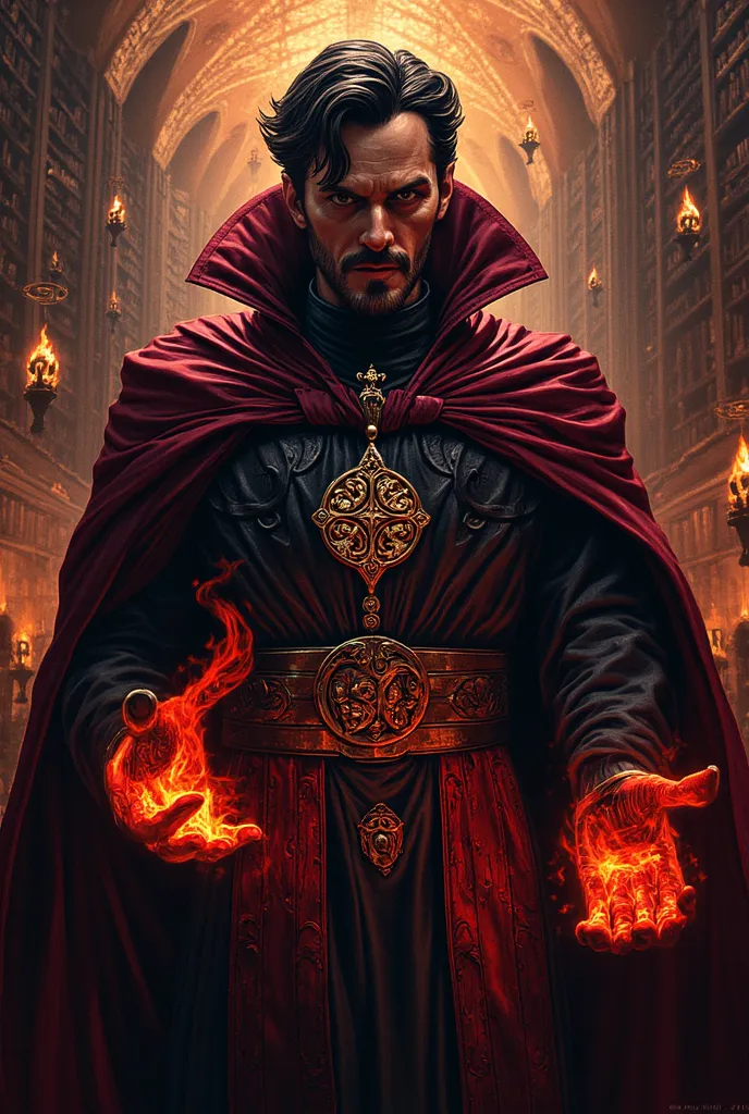 Lord of souls (Doctor Strange + Mephisto)

 Image Description :

A sorcerer in black robes adorned with vivid crimson patterns, his hands covered by spectral flames that seem to have a life of their own. Your face, half human and half demonic, alterna entr...