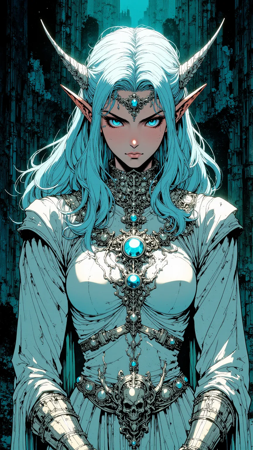  masterpiece, 8K cinematic comic style by Bernie Wrightson and Mike Mignola, An elf, Her bluish hair ripples like sea foam, and her skin has a pearlescent sheen. in the eyes, deep as the ocean, centuries of wisdom are reflected. She wears flowing robes of ...