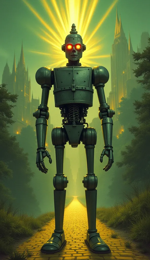 The Tin Woodman stands against the backdrop of the Emerald City, his eyes burn with red-yellow light, rays shoot out of his eyes and illuminate the road, fantasy horror illustration