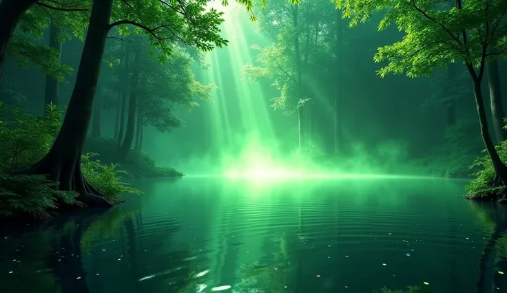  in fairytale land in the calm forest lake, neon green aura, neon green energy, Alma Verde neon
