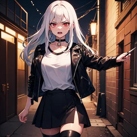 Raising a knife in an alley in the middle of the night and making an angry expression, A tall female assassin with long white hair, red eyes, and sharp eyes wearing a black leather jacket and leather skirt on a white t-shirt and a choker wearing a {x} alle...