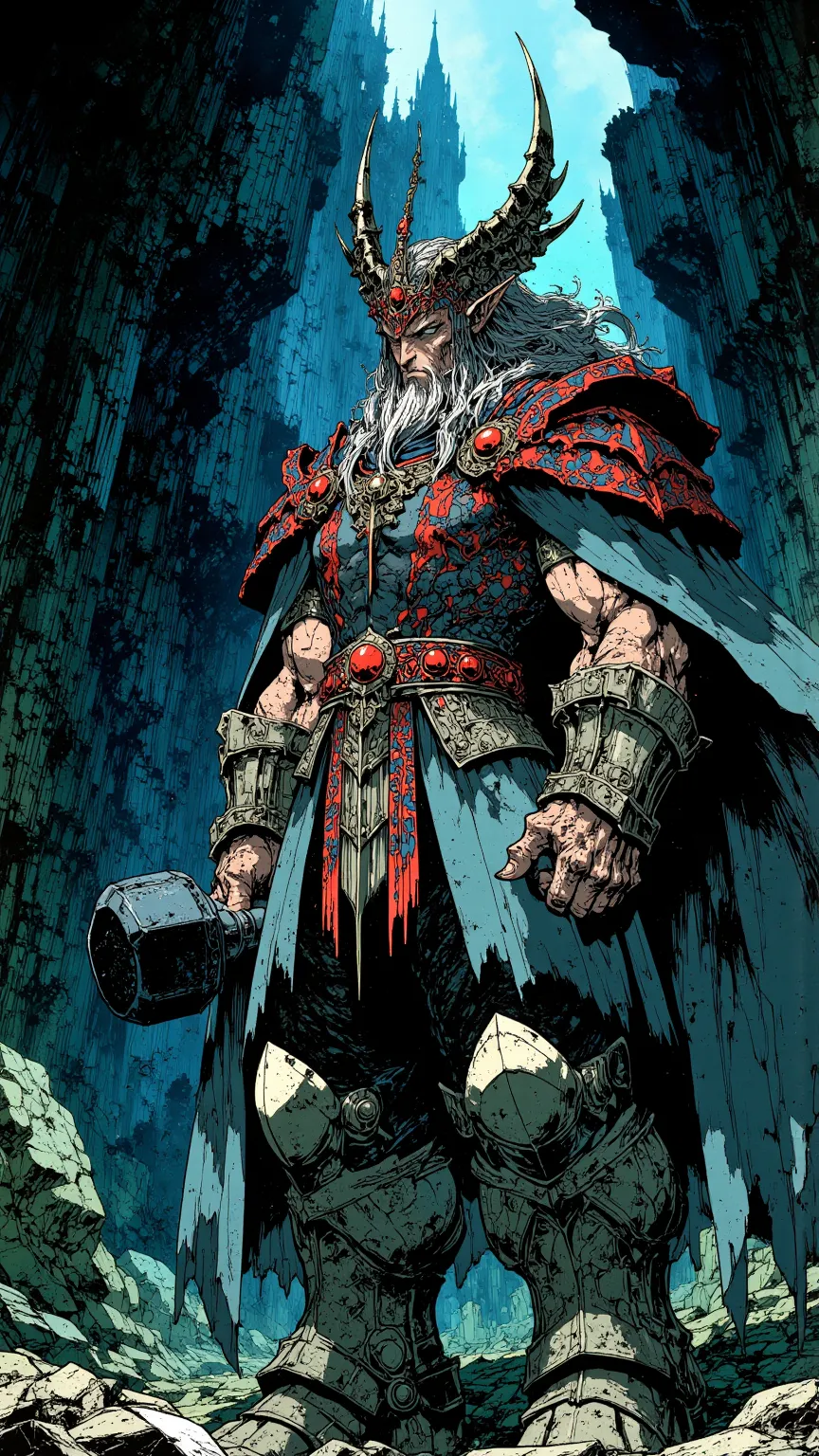  masterpiece, 8K cinematic comic style by Bernie Wrightson and Mike Mignola, An elf, With a sturdy body and arms marked by runes, Korvaan wears a gray-blue breastplate with reinforced coral shoulder pads. Your look, severe and charged with judgment, Impose...