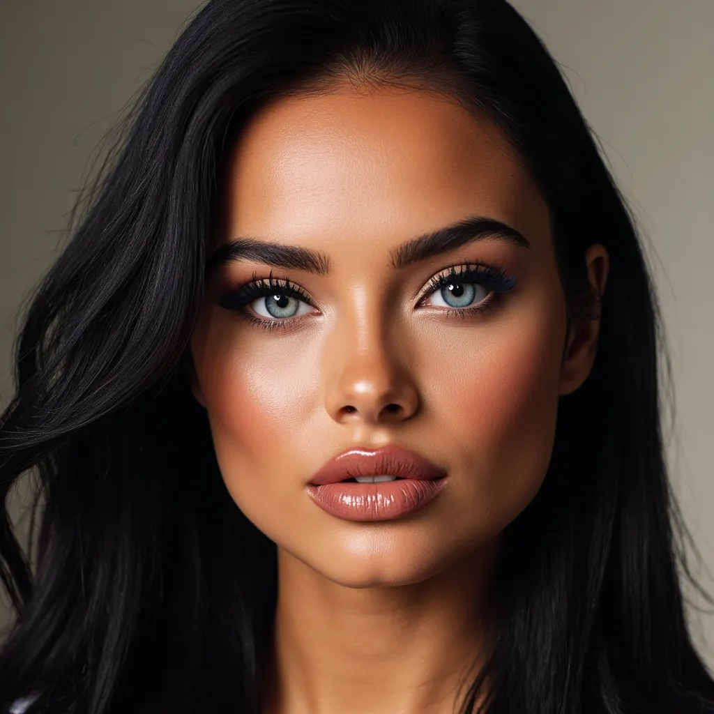 (masterpiece, best quality:2.0), (frontal close-up face photo:1.8), (average-looking young Latina woman:2.0), (long straight black hair:2.0), (blue eyes:2.0), (light makeup 2.0), (realistic skin texture and real details:2.0),